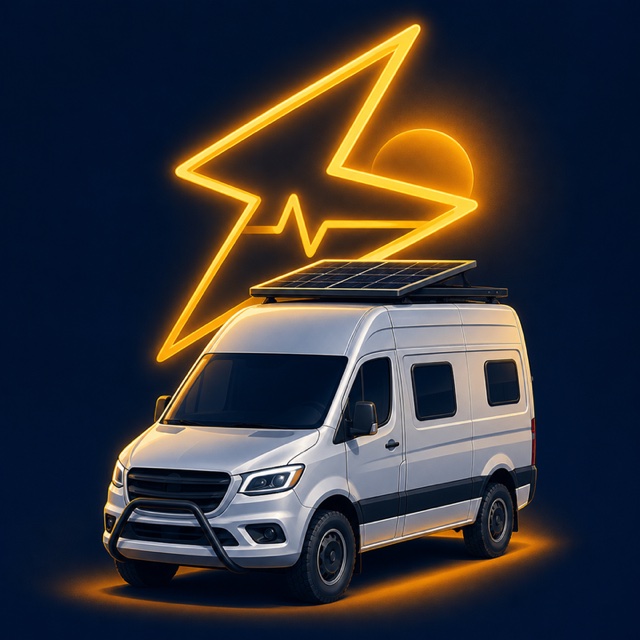Vanessa, a Sprinter van with a solar panel on the roof, lit by a glowing
lightning bolt and a rising sun.