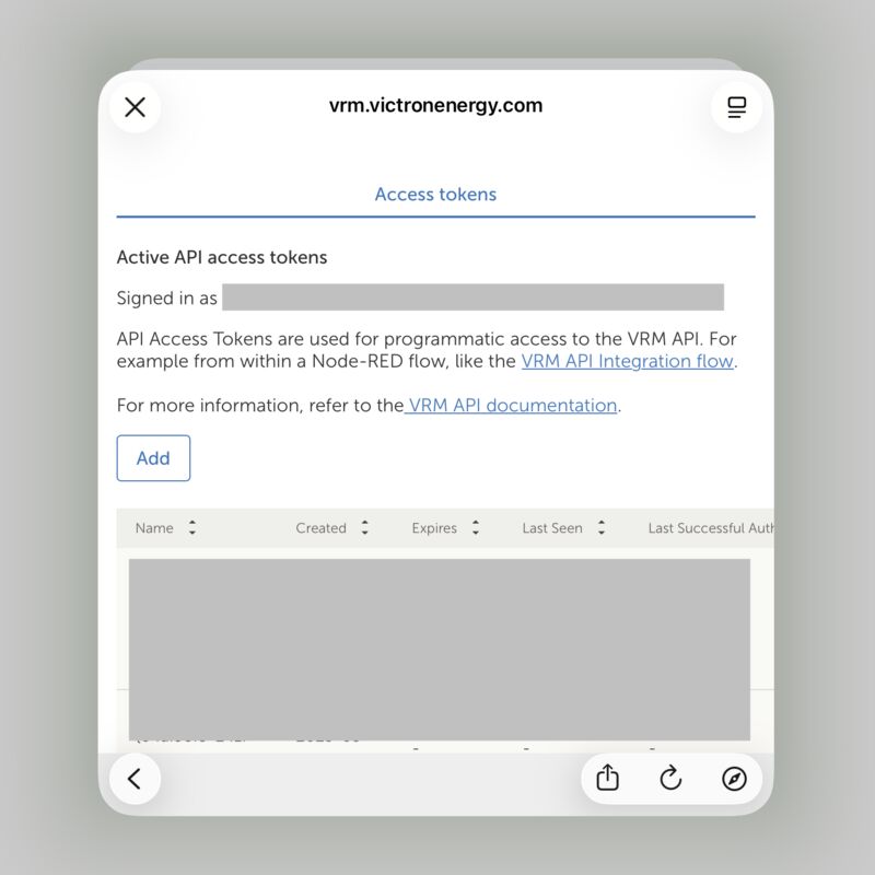 The VRM Access tokens page, with the signed-in address
      and the table of existing tokens greyed out, and an Add button beneath the
      description.