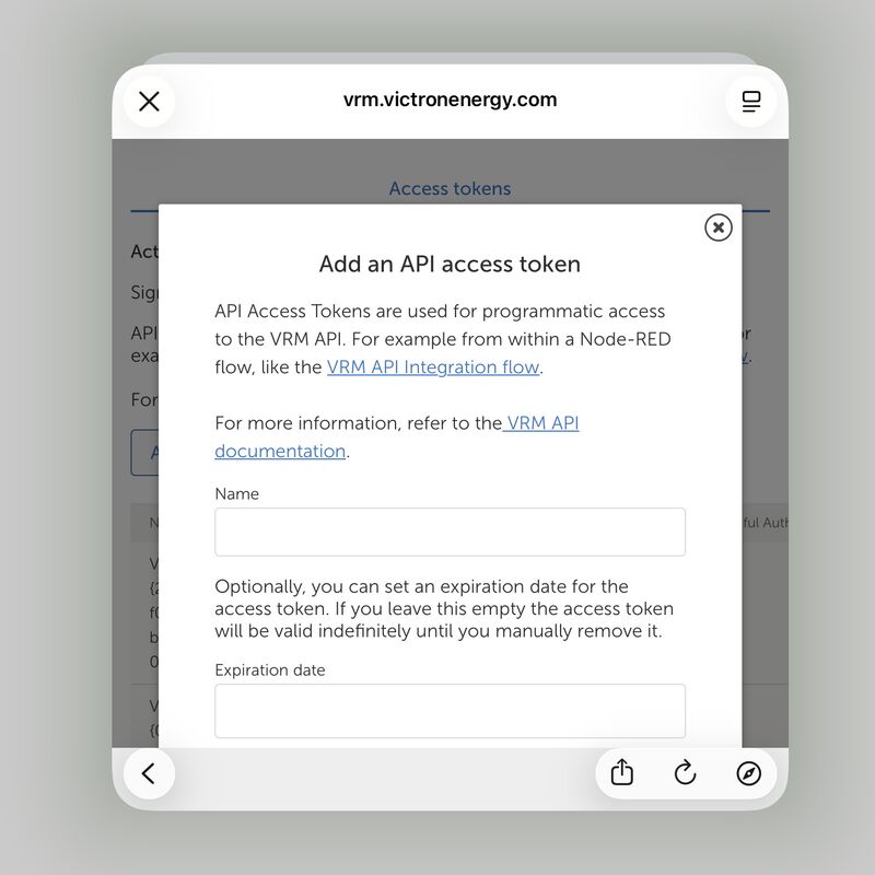 The Add an API access token dialog on the VRM site, with
      a Name field and an optional Expiration date field.