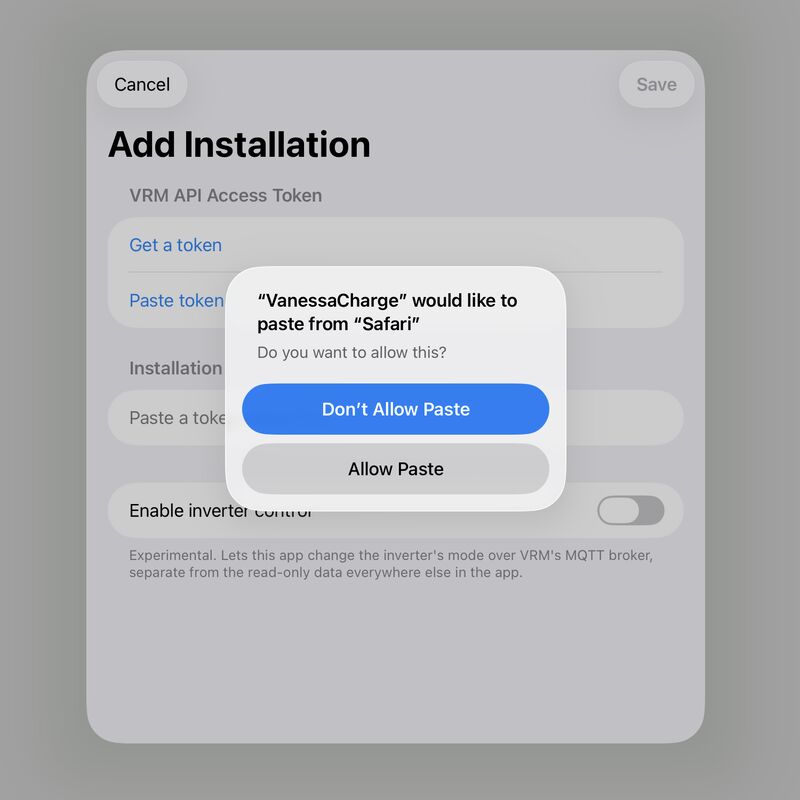 An iOS prompt reading VanessaCharge would like to paste
      from Safari, with Don’t Allow Paste as a prominent blue button and Allow
      Paste as a plain button below it.
