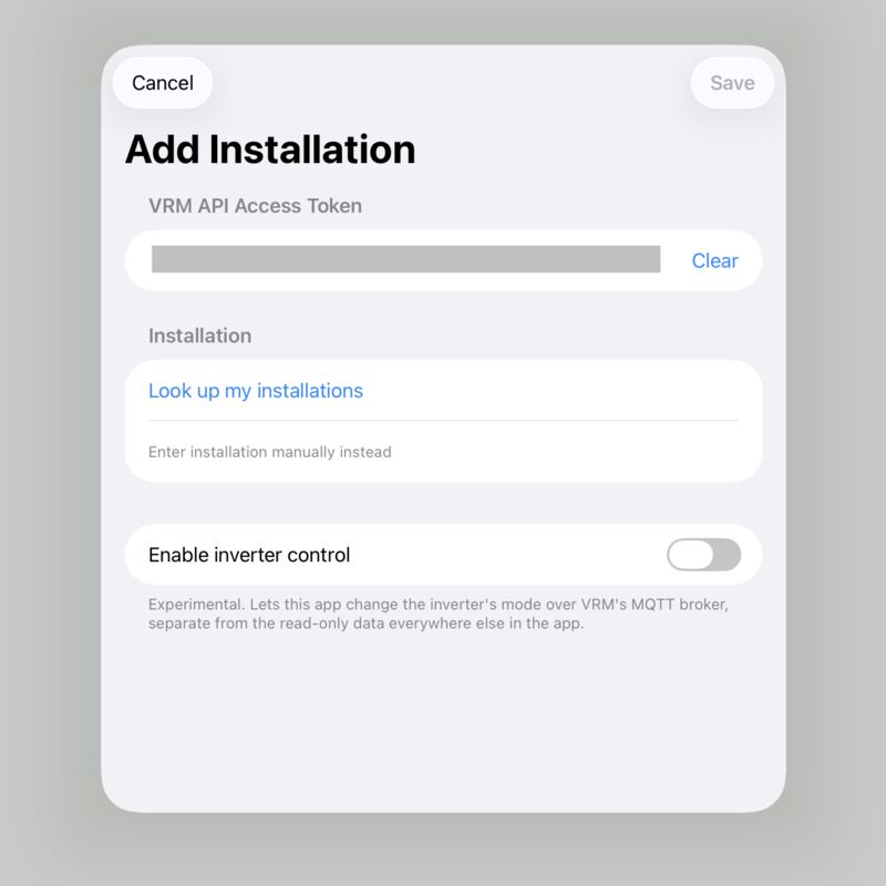 The Add Installation screen with a token in place and
      the token value masked, offering Look up my installations and Enter
      installation manually instead.
