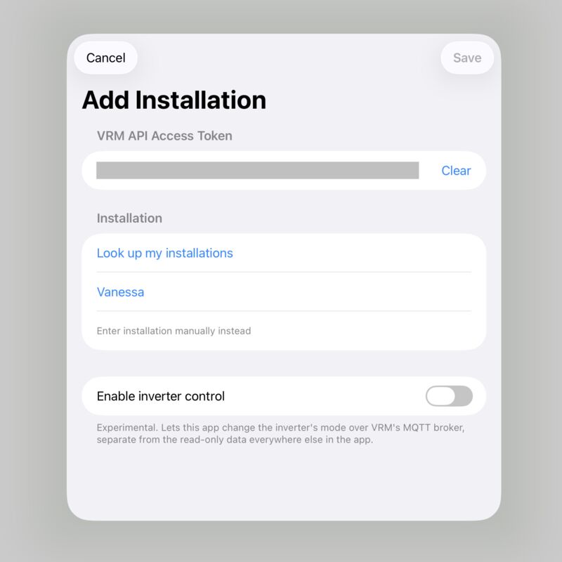 The same screen after looking up
      installations, listing one named Vanessa above Enter installation manually
      instead.